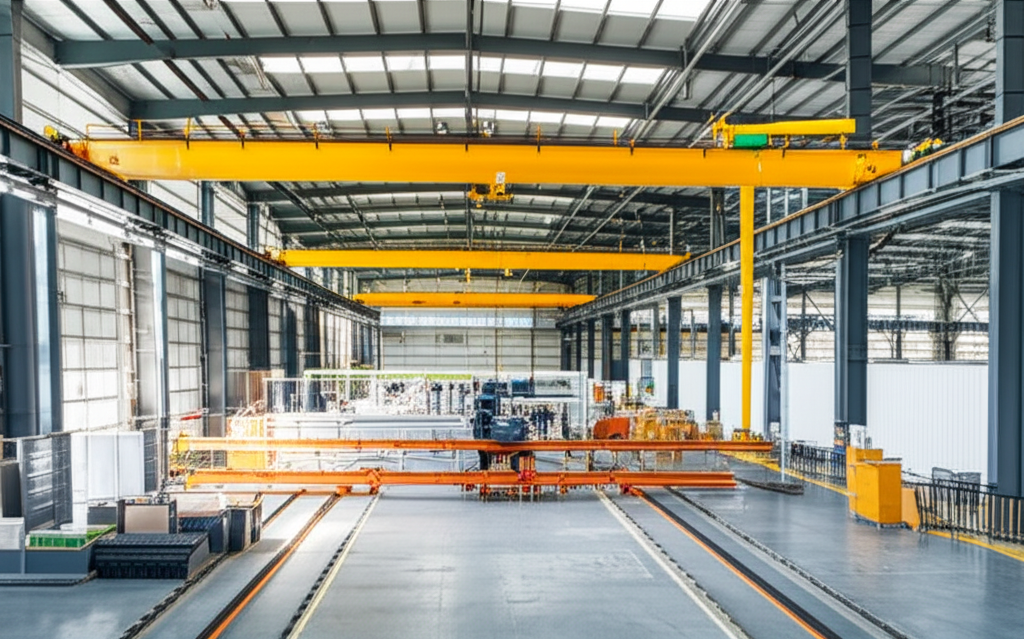 Ảnh chụp nhà máy hiện đại với hệ thống cầu trục đang vận hành, tập trung vào máy móc và không gian.