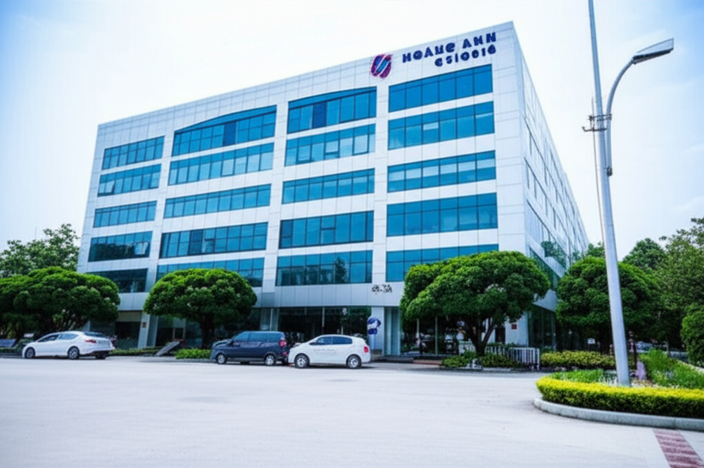 Ảnh trụ sở công ty Cầu Trục Hoàng Anh, ánh sáng tự nhiên, logo công ty nổi bật.