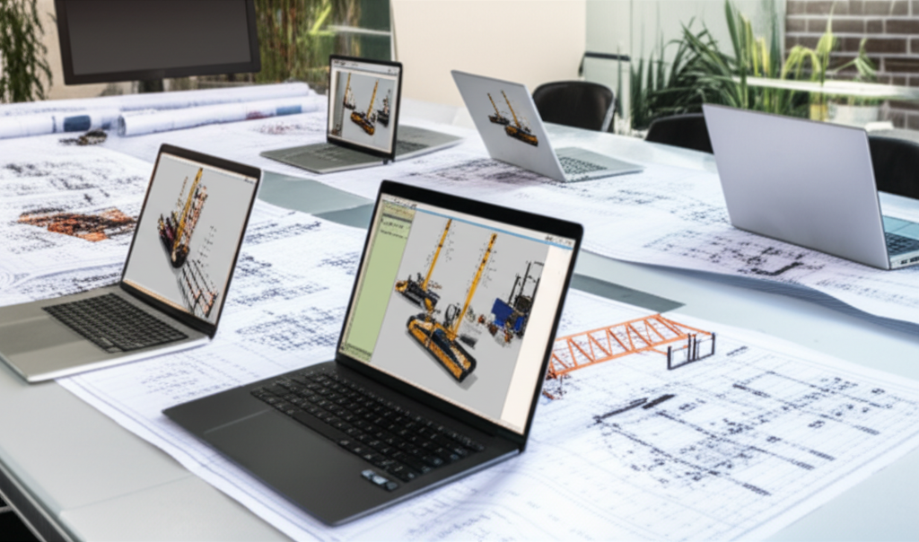 Hình ảnh bản vẽ kỹ thuật và mô hình 3D của cầu trục trong môi trường văn phòng.