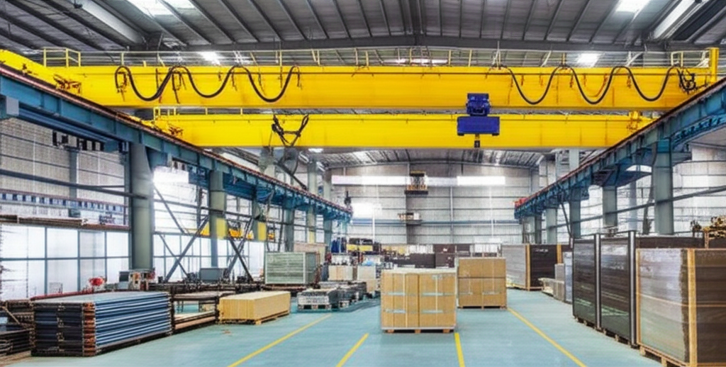 Hình ảnh cầu trục 5 tấn dầm đôi đang vận chuyển hàng hóa trong nhà xưởng, cho thấy sự hoạt động hiệu quả và an toàn.