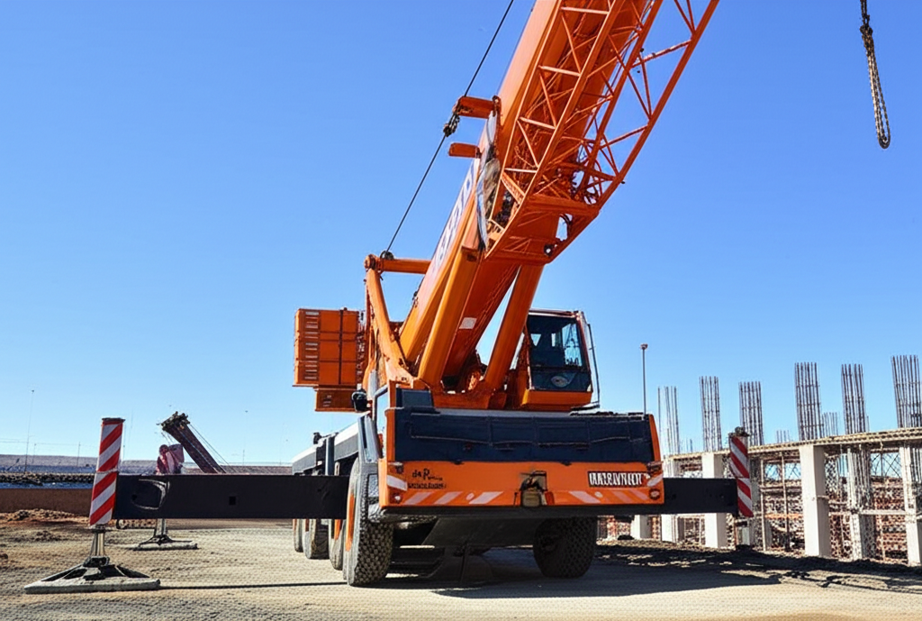 Hình ảnh cầu trục lớn đang hoạt động trong công trường, bị rung lắc mạnh khi khởi động và dừng.