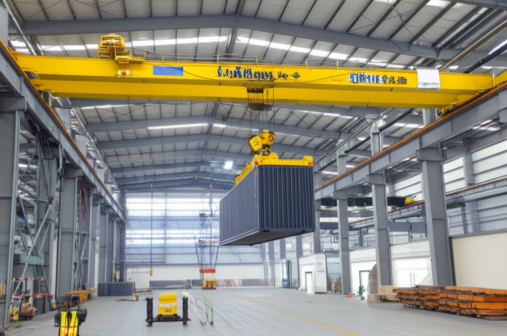Ảnh chụp nhà máy hiện đại với cầu trục dầm đôi nâng kiện hàng lớn, không có người.