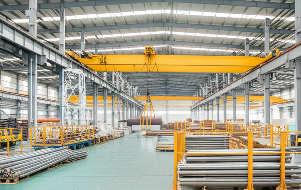 Ảnh chụp nhà máy hiện đại với cầu trục công nghiệp đang nâng hạ vật liệu.