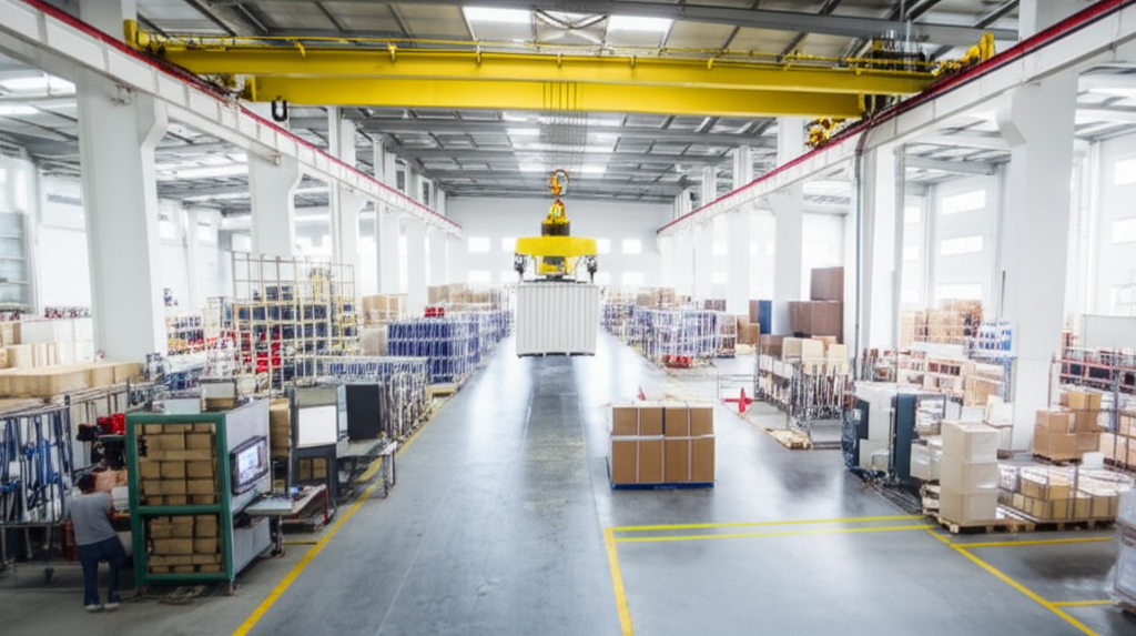 Ảnh chụp cầu trục 3 tấn đang nâng kiện hàng trong xưởng sản xuất linh kiện điện tử, không có người.