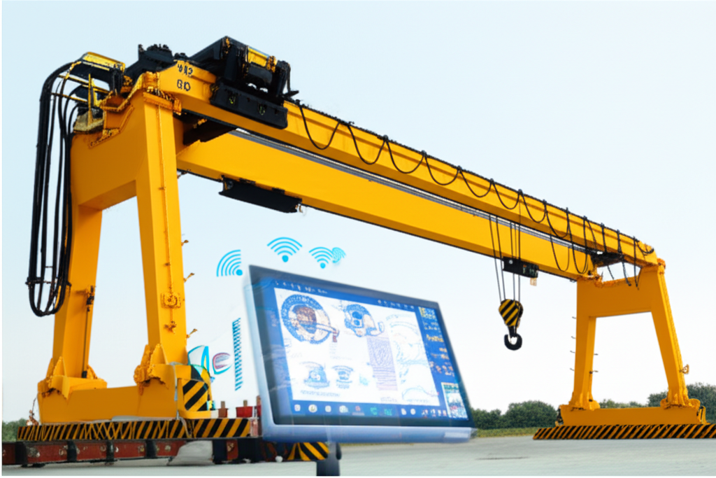 Ảnh cầu trục 3 tấn dầm đơn trong môi trường tự nhiên, có hệ thống điều khiển tự động và kết nối IoT.