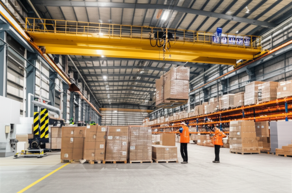 Ảnh chụp cầu trục đang vận chuyển kiện hàng nặng trong nhà kho lớn, không có người.