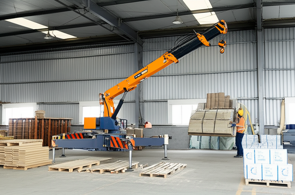 Cầu trục xoay đang hoạt động trong một nhà kho nhỏ, hỗ trợ di chuyển hàng hóa.