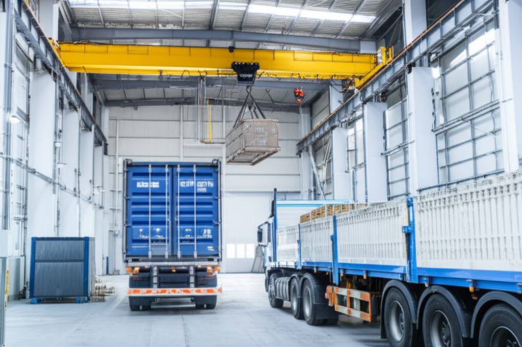 Ảnh nhà máy hiện đại với cầu trục đang nâng kiện hàng lên xe tải, không có người trong khung hình.