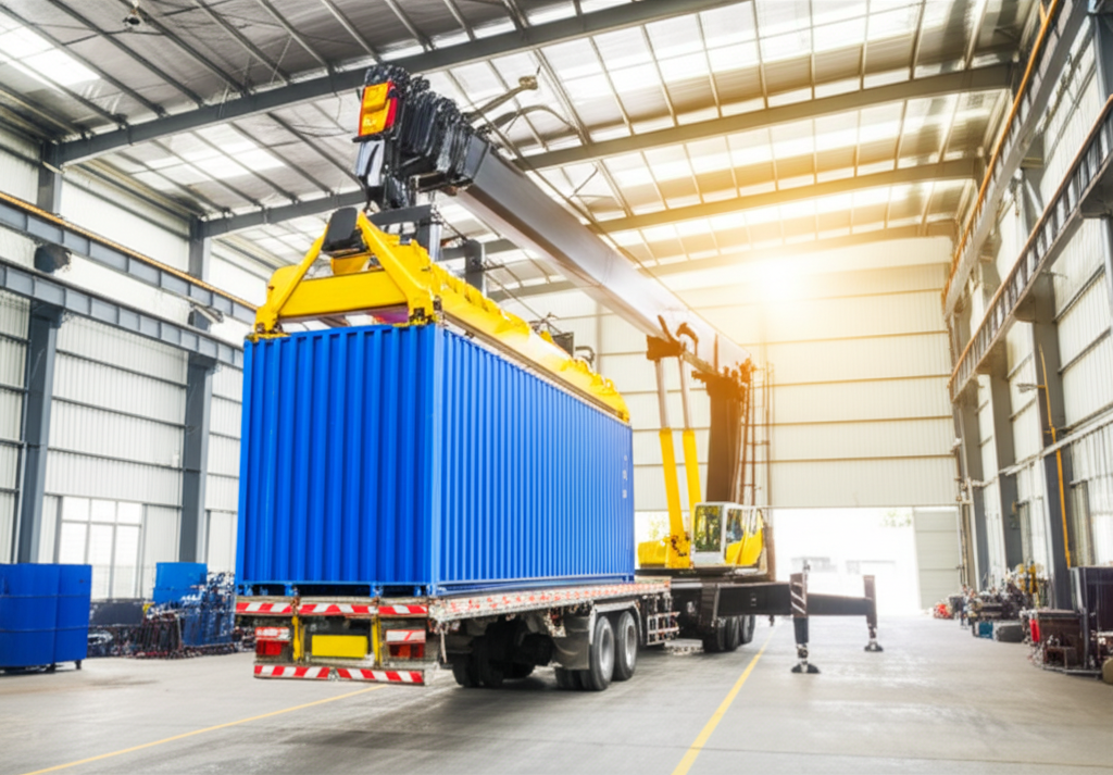 Cầu trục đang nâng một thùng hàng lên xe tải trong nhà xưởng nhỏ, ánh sáng tự nhiên.