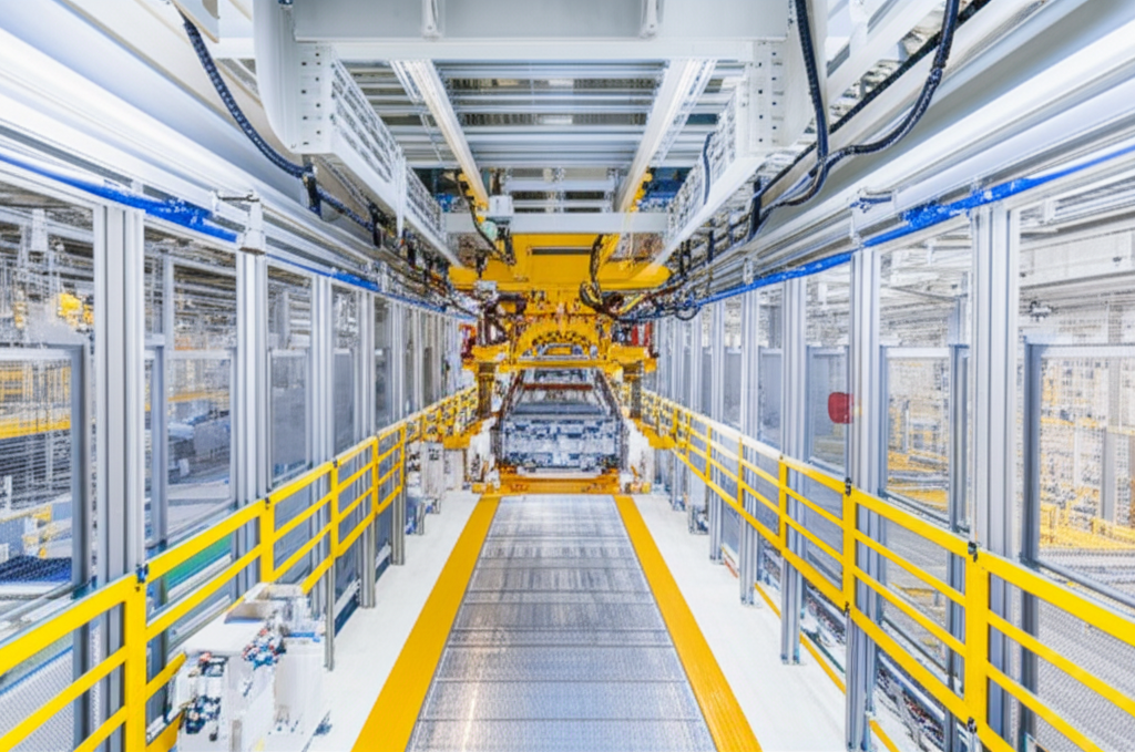 Hình ảnh dây chuyền sản xuất ô tô với cầu trục xoay và các bộ phận xe đang được lắp ráp.