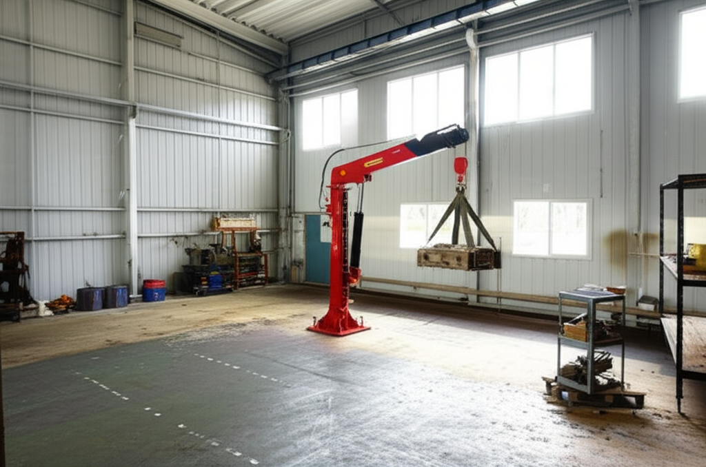 Hình ảnh cầu trục xoay đang nâng một chi tiết máy trong một xưởng nhỏ, ánh sáng tự nhiên.