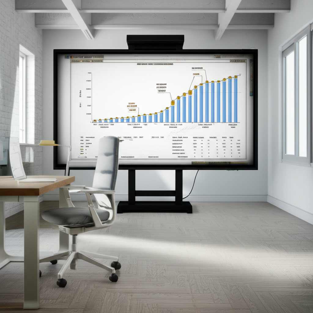 Hình ảnh biểu đồ so sánh chi phí và lợi ích của việc sử dụng cầu trục 3 tấn, được hiển thị trên màn hình lớn trong văn phòng làm việc sáng sủa.