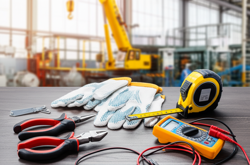 Hình ảnh bàn làm việc với các dụng cụ và thiết bị cần thiết cho việc lắp đặt cáp dẹt trong xưởng sửa chữa cầu trục.