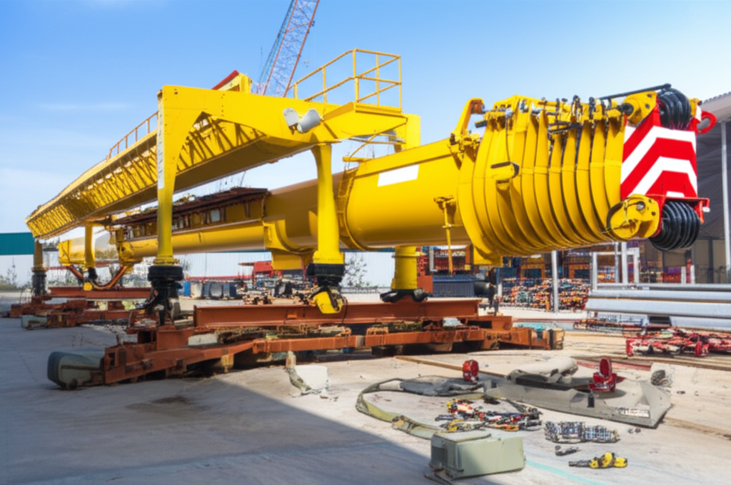 Hình ảnh cầu trục 5 tấn dầm đôi đang được bảo trì, tập trung vào các bộ phận và dụng cụ.