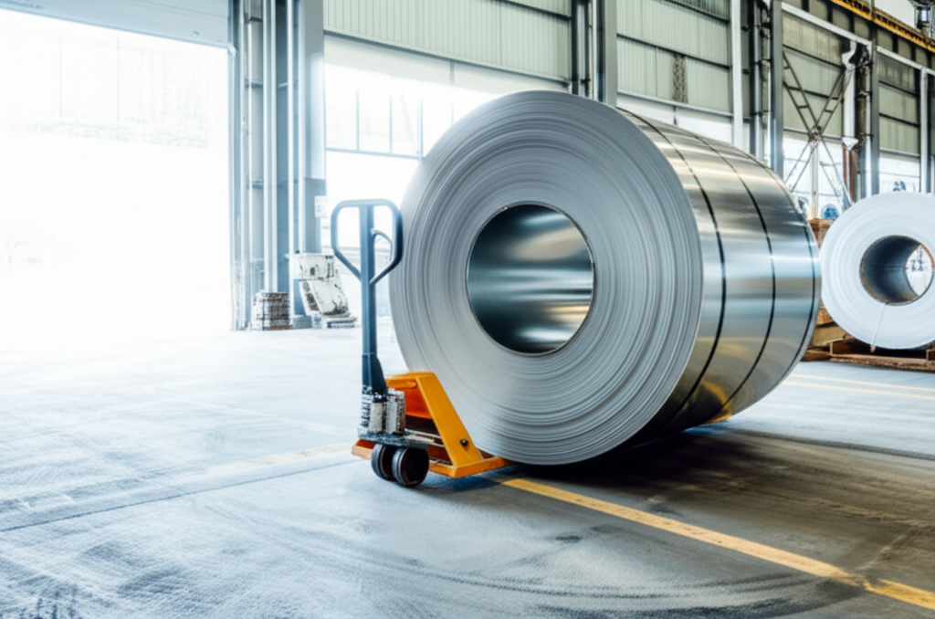Hình ảnh cuộn thép lớn trên xe nâng tay trong nhà xưởng, ánh sáng tự nhiên.