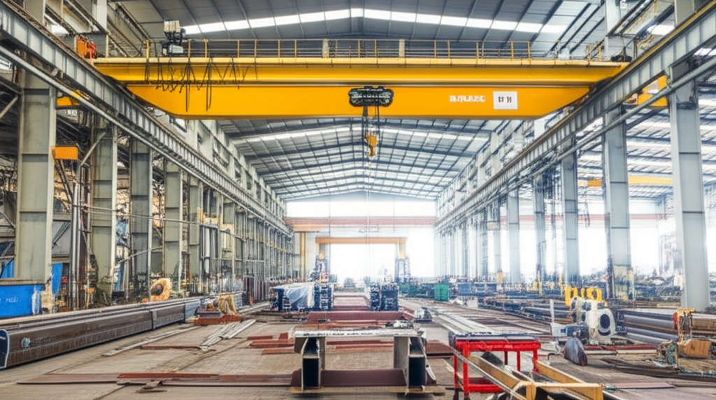 Ảnh chụp bên trong nhà máy sản xuất thép, có cầu trục dầm đôi lớn treo trên cao. Thiết bị và dụng cụ được sắp xếp gọn gàng.