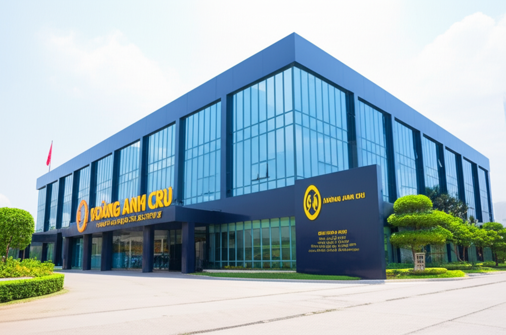 Ảnh chụp trụ sở công ty Cầu Trục Hoàng Anh với biển hiệu rõ ràng, thể hiện sự chuyên nghiệp.