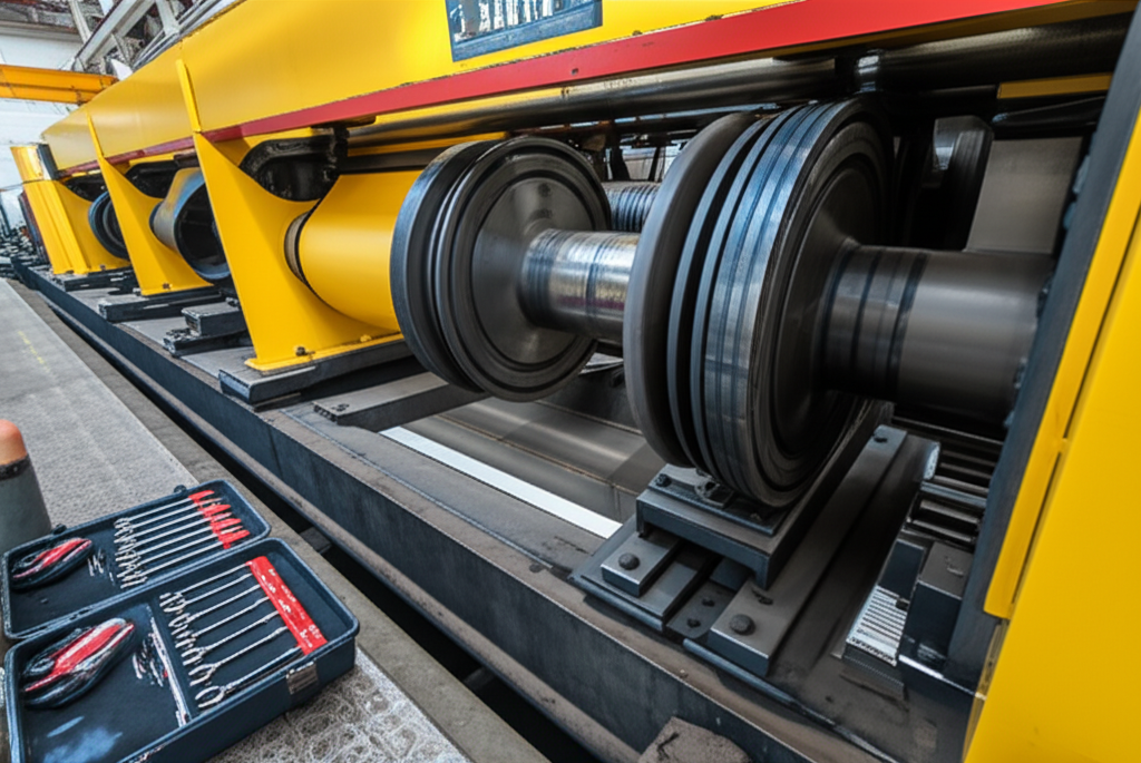 Hình ảnh hệ thống phanh của cầu trục 5 tấn đang được kiểm tra trong môi trường công nghiệp.