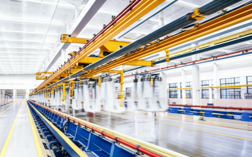Ảnh chụp hệ thống dầm treo monorail hoạt động trong nhà máy sản xuất, tập trung vào thiết kế kỹ thuật.