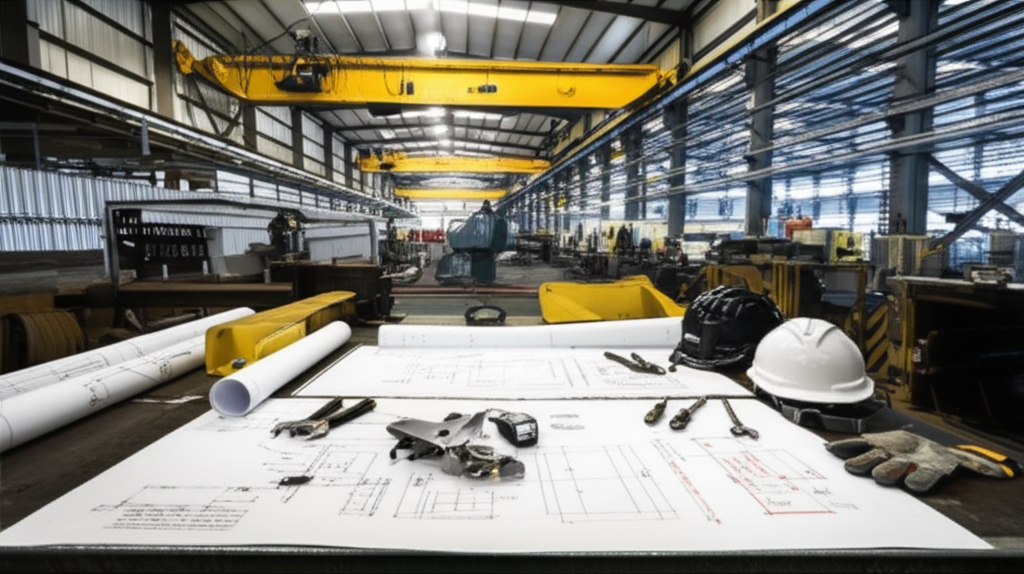 Bản vẽ kỹ thuật của cầu trục được đặt trên bàn trong nhà xưởng, mũ bảo hộ và găng tay công nhân để bên cạnh.