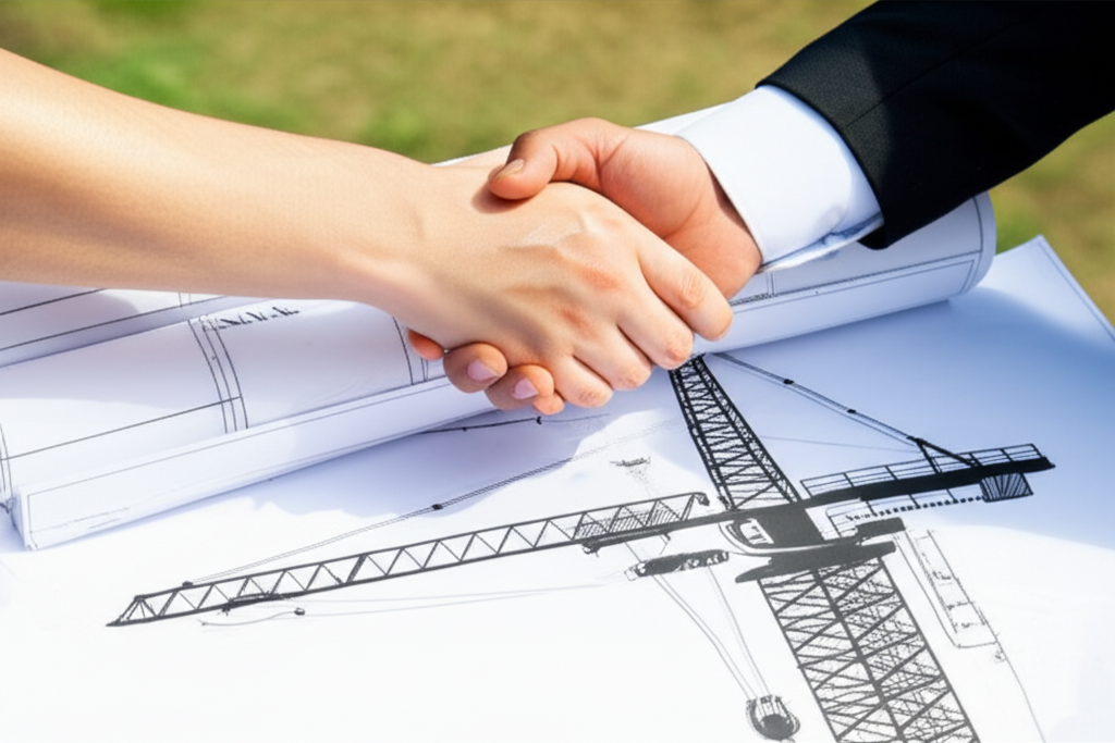 Ảnh chụp cận cảnh cái bắt tay trên bản vẽ kỹ thuật cầu trục, biểu tượng cho sự hợp tác thành công.