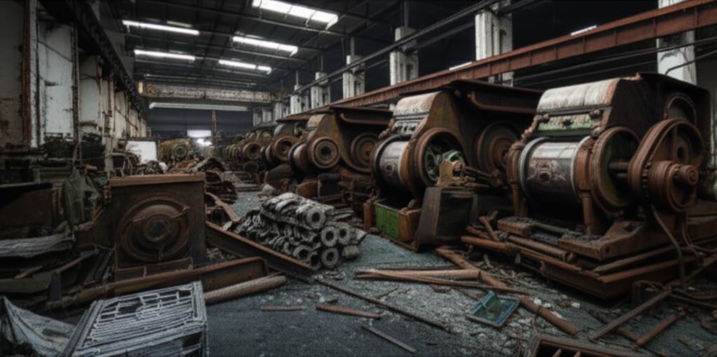 Hình ảnh nhà máy trì trệ với máy móc cũ kỹ và sản phẩm dở dang do thiếu thiết bị nâng hạ.
