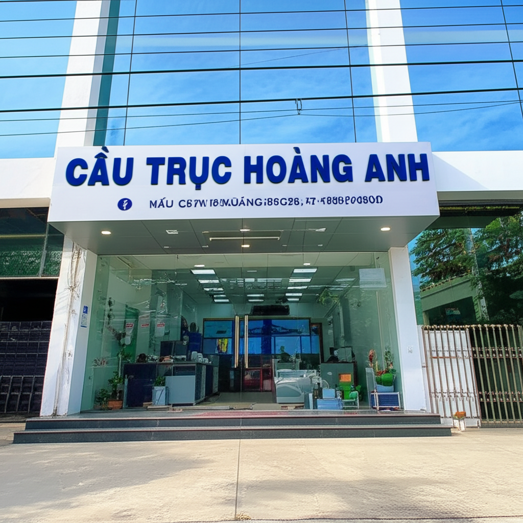 Ảnh mặt tiền văn phòng công ty CẦU TRỤC HOÀNG ANH với biển hiệu và logo công ty.