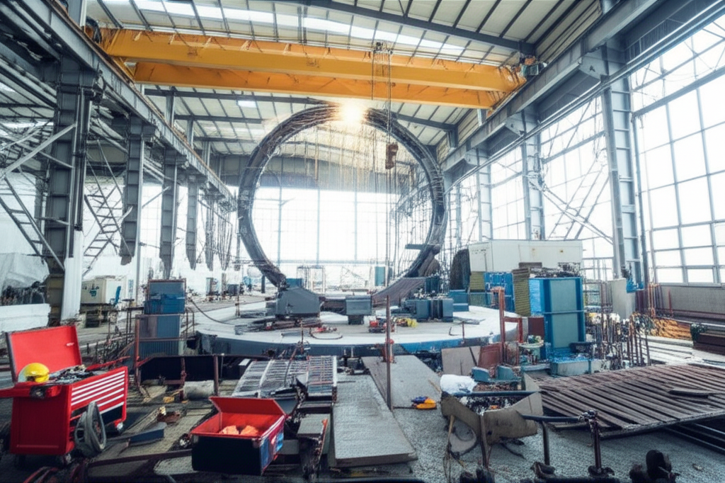 Hình ảnh cầu trục xoay mới được lắp đặt trong nhà máy, với ánh sáng tự nhiên và không có người.