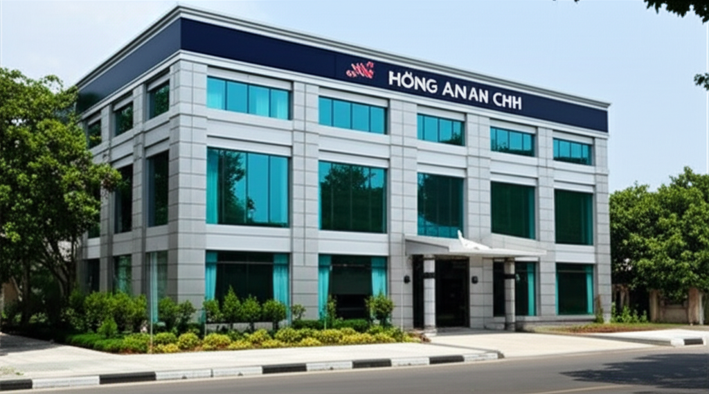 Ảnh chụp mặt tiền công ty Cầu Trục Hoàng Anh, thể hiện kiến trúc và bảng hiệu công ty.