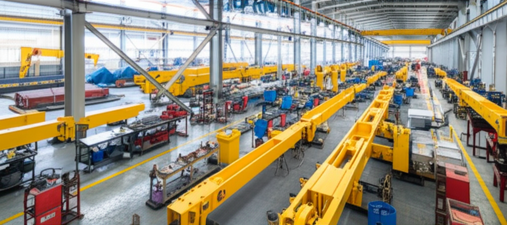 Hình ảnh xưởng sản xuất cầu trục với các thiết bị và cấu trúc cầu trục đang được lắp ráp.