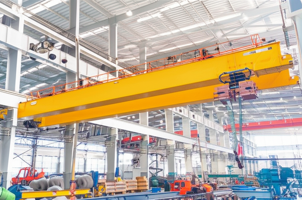 Hình ảnh cầu trục 5 tấn dầm đôi trong môi trường nhà máy, đang trong quá trình lắp đặt.