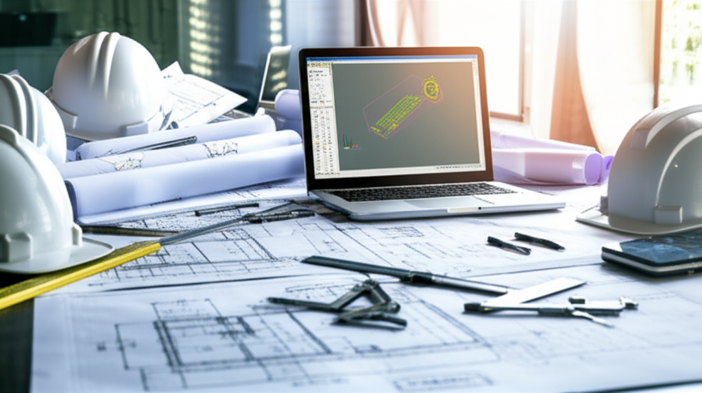 Hình ảnh văn phòng kỹ thuật với bản vẽ cầu trục, dụng cụ và thiết bị kỹ thuật, ánh sáng tự nhiên.