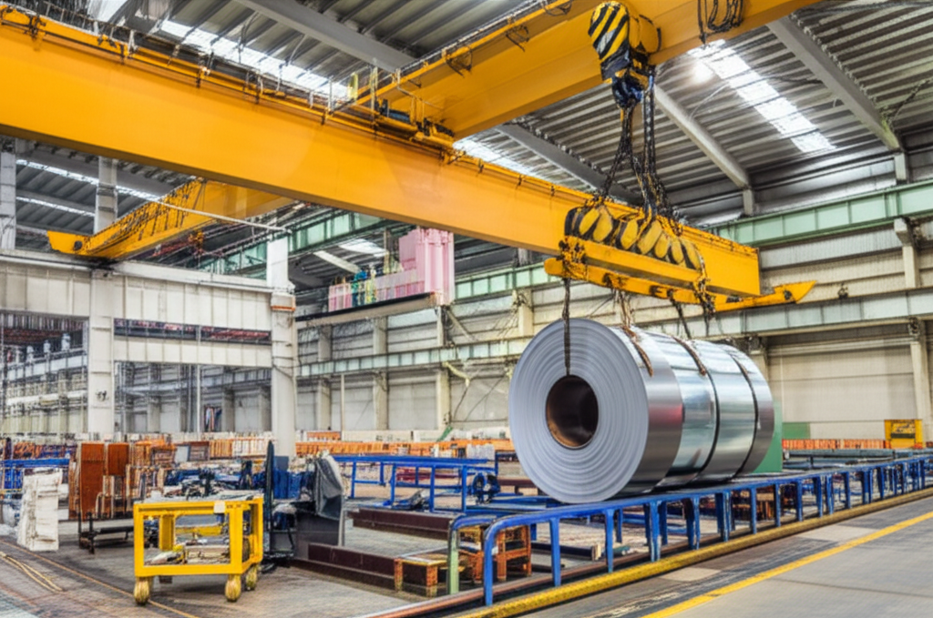 Ảnh nhà xưởng hiện đại với cuộn thép lớn được nâng bởi cầu trục 5 tấn.