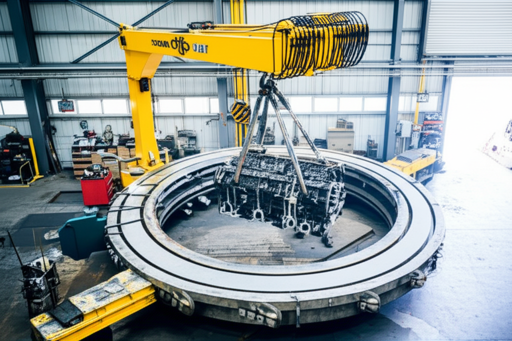Ảnh chụp cầu trục xoay đang nâng một khối động cơ lớn trong xưởng cơ khí, tập trung vào quá trình nâng hạ an toàn và hiệu quả.