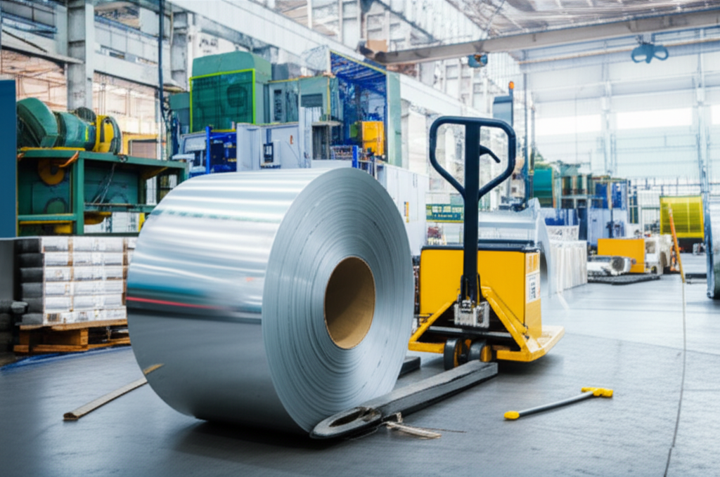 Hình ảnh nhà xưởng sản xuất với cuộn thép lớn và xe nâng tay, ánh sáng tự nhiên.