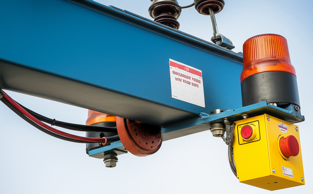 Hình ảnh các thiết bị cảnh báo như đèn, còi và công tắc ngắt điện khẩn cấp được lắp trên cầu trục trong một hệ thống điện công nghiệp.