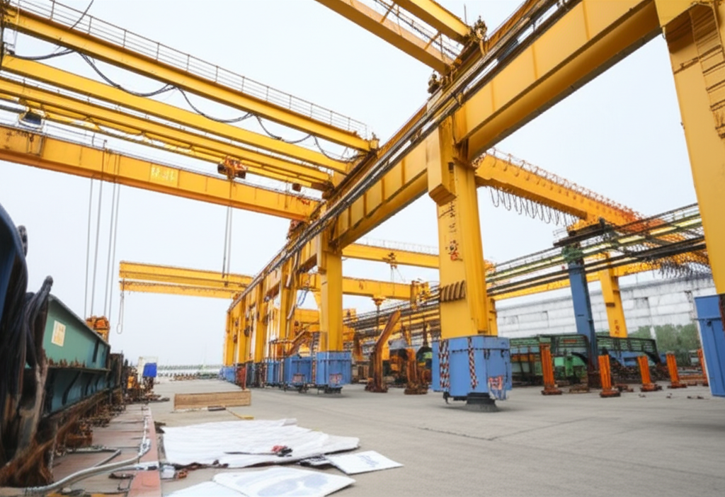 Hình ảnh cầu trục dầm đơn đang được kiểm tra, tập trung vào biểu đồ so sánh các loại cầu trục khác nhau.