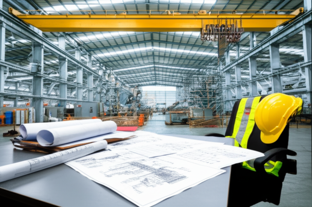 Hình ảnh bên trong nhà máy, tập trung vào bản vẽ thiết kế và hệ thống điều khiển cho cầu trục, không có người.