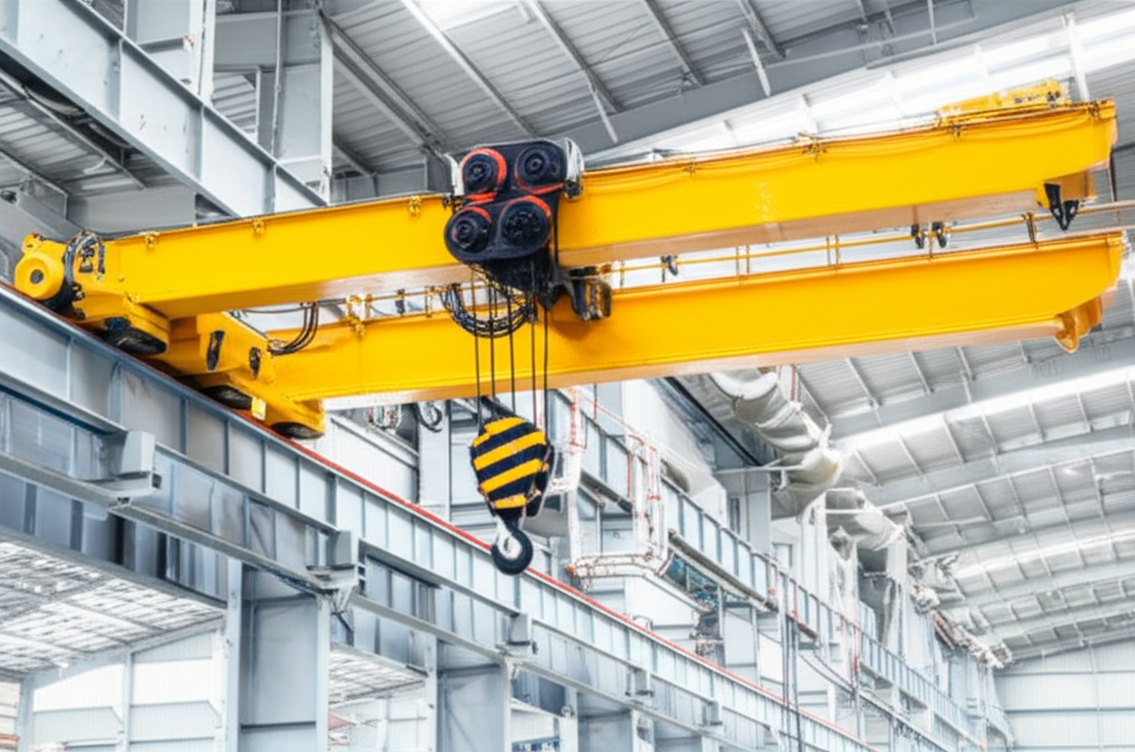 Ảnh chụp hệ thống cầu trục đầy đủ trong nhà máy sản xuất, tập trung vào các bộ phận như bánh xe, khớp nối, móc cẩu và dây cáp.