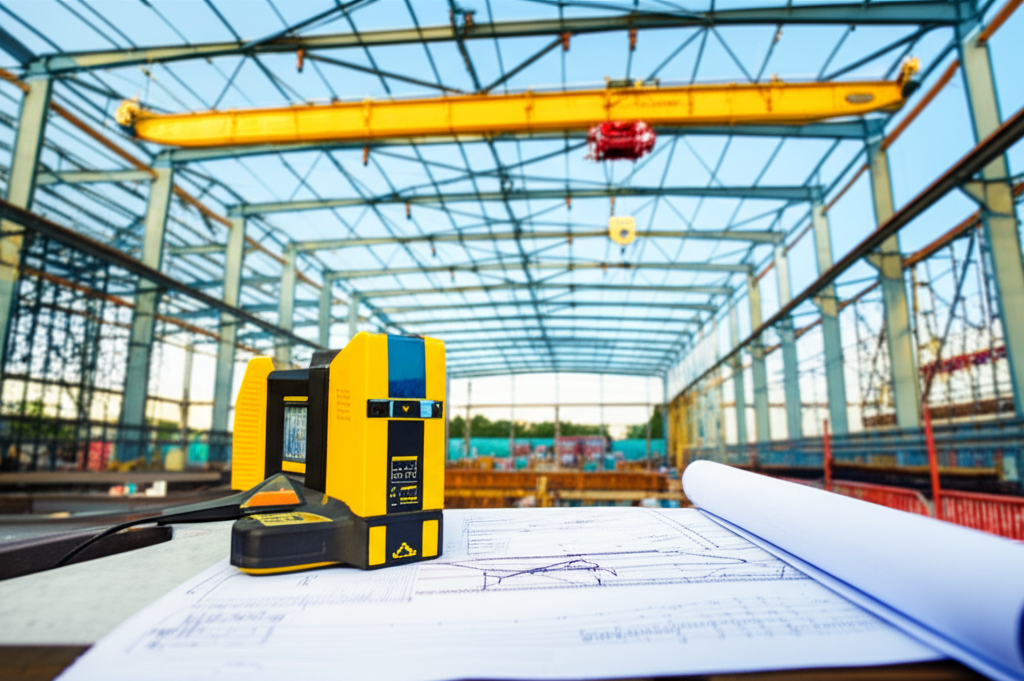 Ảnh chụp nhà xưởng đang xây dựng với kết cấu thép, có máy đo khoảng cách laser và bản vẽ kỹ thuật.