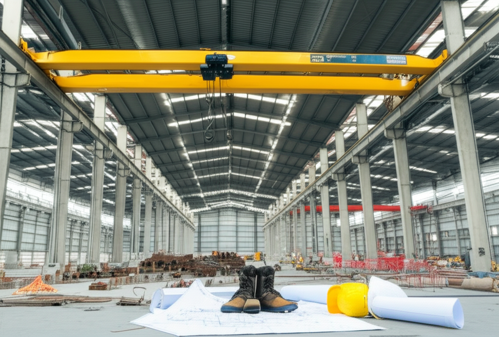 Hình ảnh công trường xây dựng với cầu trục 5 tấn, bản vẽ kỹ thuật và trang thiết bị bảo hộ.