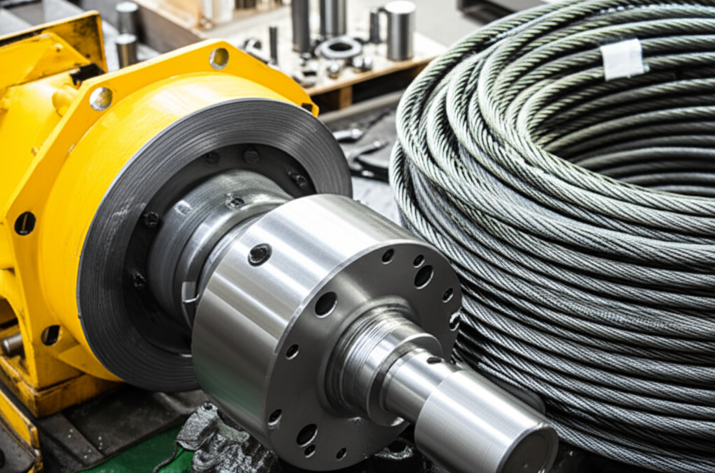 Hình ảnh cận cảnh khớp nối cầu trục chất lượng cao và cuộn cáp thép trong xưởng cơ khí.