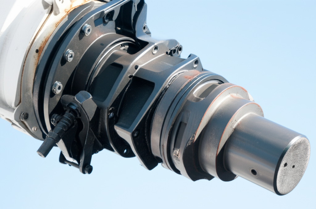 Ảnh cận cảnh chi tiết khớp nối cầu trục, thể hiện rõ cấu tạo và các bộ phận.