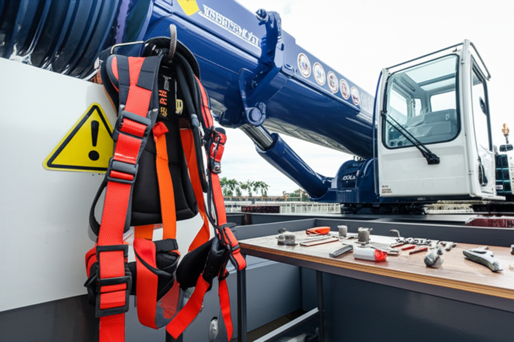 Hình ảnh cầu trục đang được kiểm tra an toàn, tập trung vào thiết bị và biển báo an toàn.