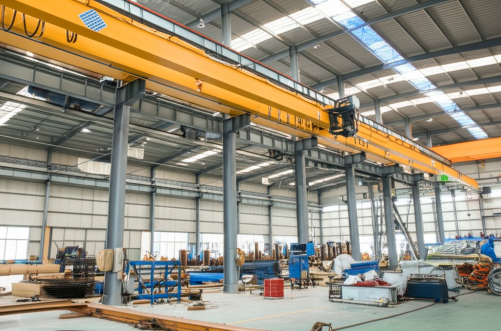 Hình ảnh cầu trục dầm đơn trong nhà máy, đã được kiểm tra chất lượng và chuẩn bị cho quá trình vận chuyển.