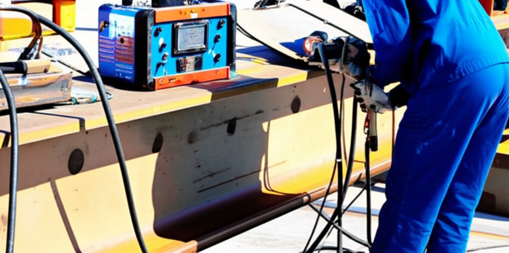 Ảnh chụp cận cảnh mối hàn trên dầm cầu trục với các dụng cụ kiểm tra, cho thấy dấu hiệu của việc kiểm tra kỹ thuật gần đây.