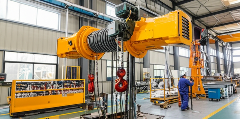 Hình ảnh palang điện cáp được chụp ảnh thực tế trong môi trường nhà máy sản xuất cầu trục, tập trung vào chi tiết kỹ thuật.