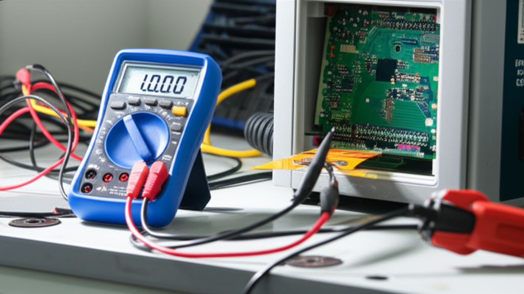 Ảnh chụp đồng hồ đo điện hiển thị điện áp trên cáp dẹt trong xưởng sản xuất.