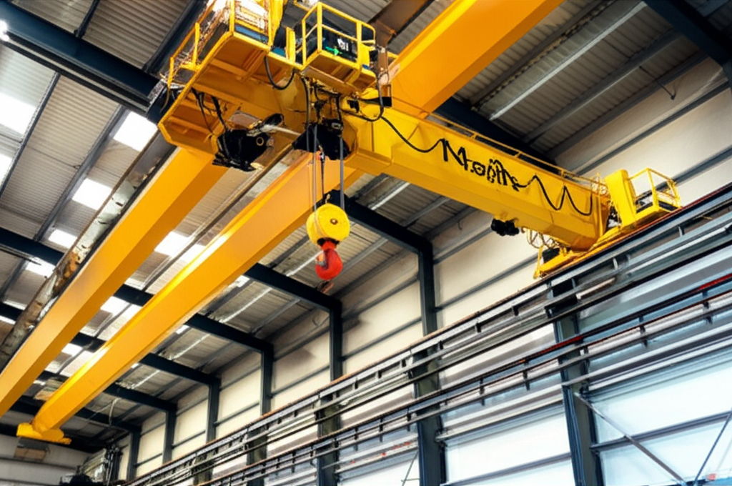 Ảnh chụp cầu trục 5 tấn bên trong nhà xưởng công nghiệp, vừa được kiểm tra kỹ thuật.