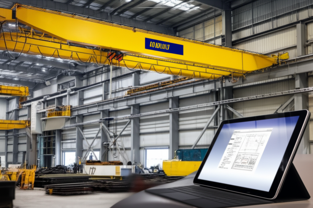 Hình ảnh cầu trục 5 tấn dầm đôi trong nhà máy, không có người, hiển thị màn hình máy tính bảng với thông số kỹ thuật.